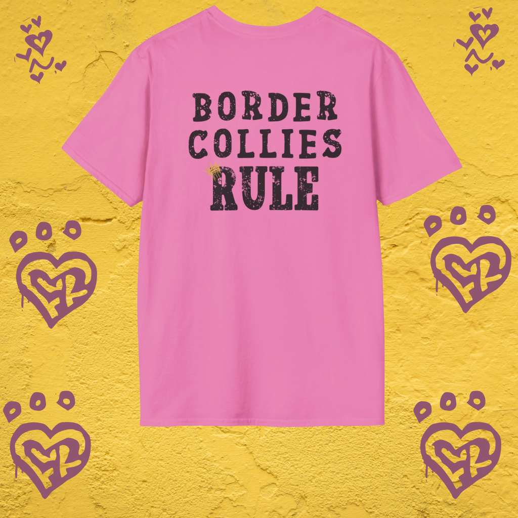 Pink t-shirt with 'Border Collies Rule' text on a yellow background with heart designs.

