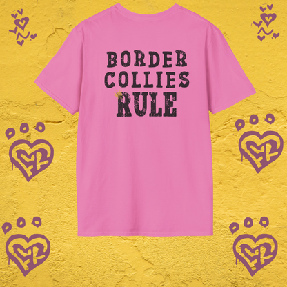 Pink t-shirt with 'Border Collies Rule' text on a yellow background with heart designs.

