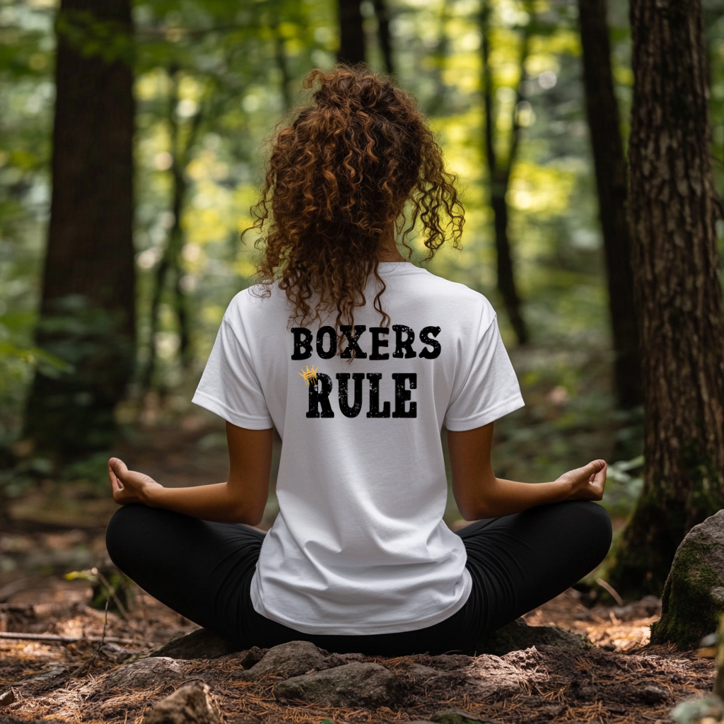 Person sitting in a forest wearing a white t-shirt with 'BOXERS RULE' text.